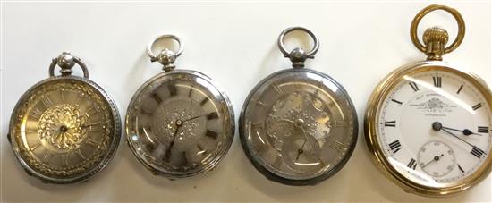 3 silver faced pocket watches & 1 plated